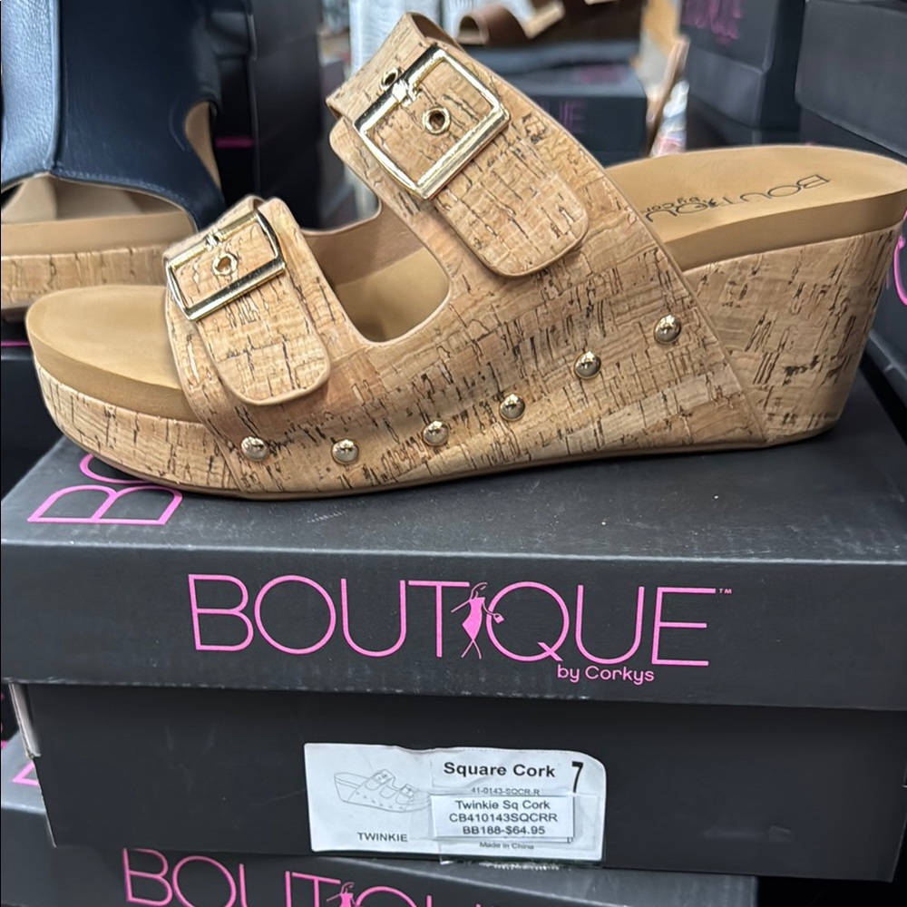 Corkys Tan Wedges with Cork Sole and Adjustable Straps